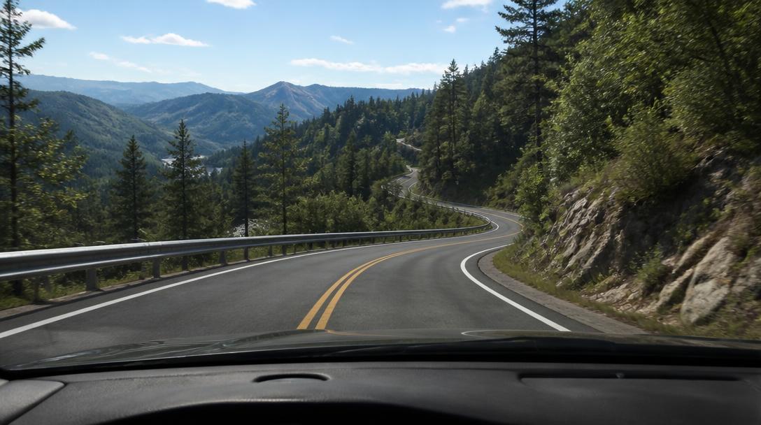 Sicht aus dem Fahrer-Perspektive einer Unity-Fahrsimulation: kurvige Bergstraße mit Leitplanke, Wald und Bergen im Hintergrund.