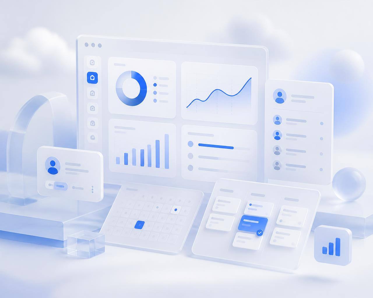 3D-Dashboard-Visual mit blauen Akzenten – symbolisiert maßgeschneiderte Softwarelösungen für Unternehmen