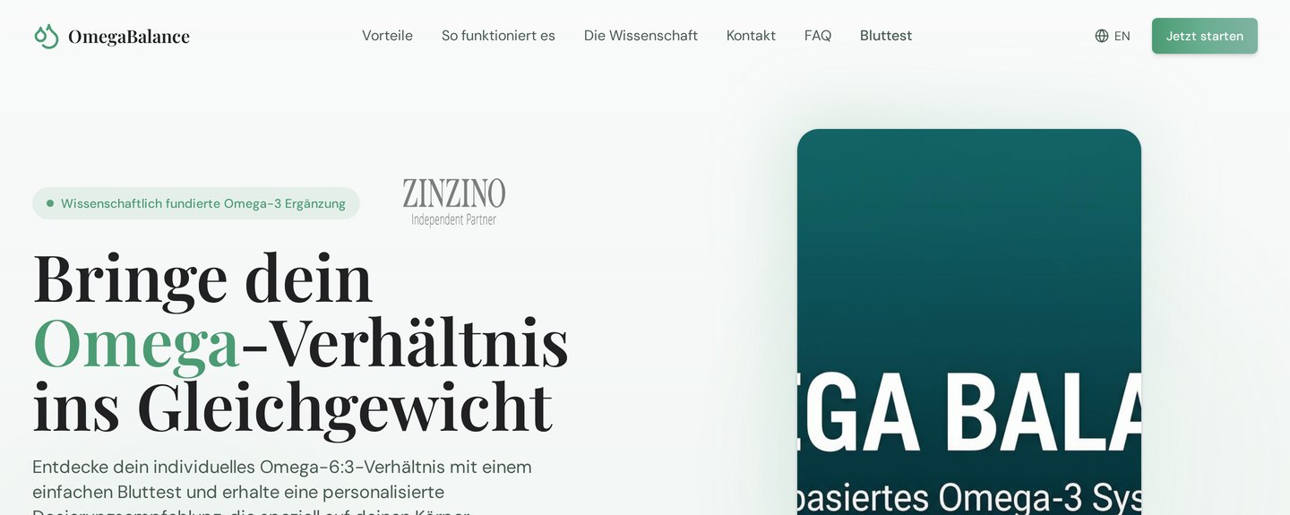 Screenshot der Website Omega Balance – Landingpage & Funnel