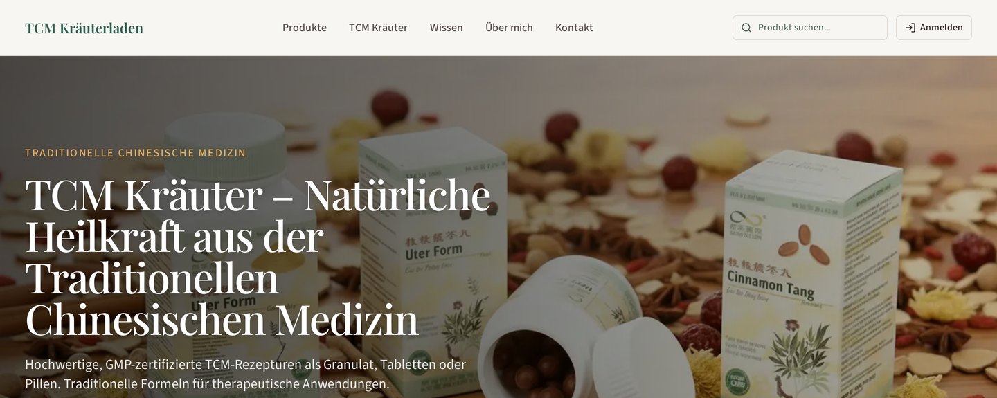 Screenshot der Website TCM Store – Onlineshop & Produkttools